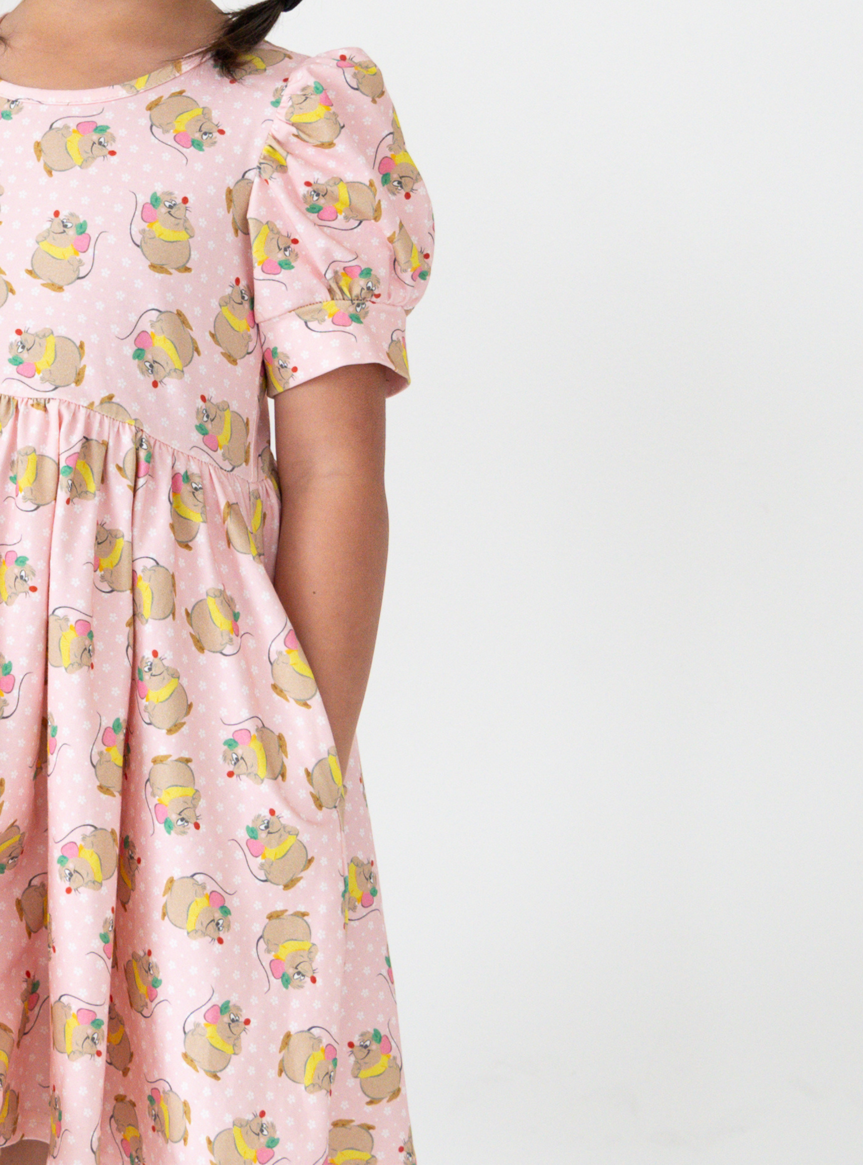 Disney and Taylor Joelle branded Gus Gus Dress with Gus Gus printed all around. This dress is detailed with puff sleeves.