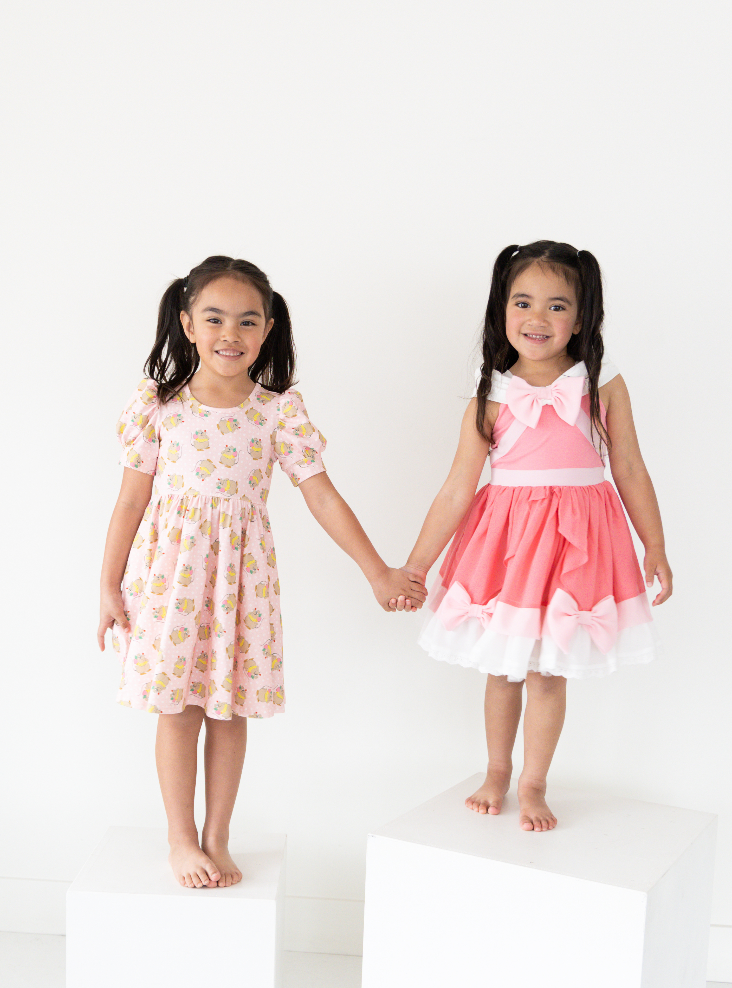 Disney and Taylor Joelle branded Gus Gus Dress with Gus Gus printed all around. This dress is detailed with puff sleeves. Shown with our Pink Cinderella Dress.