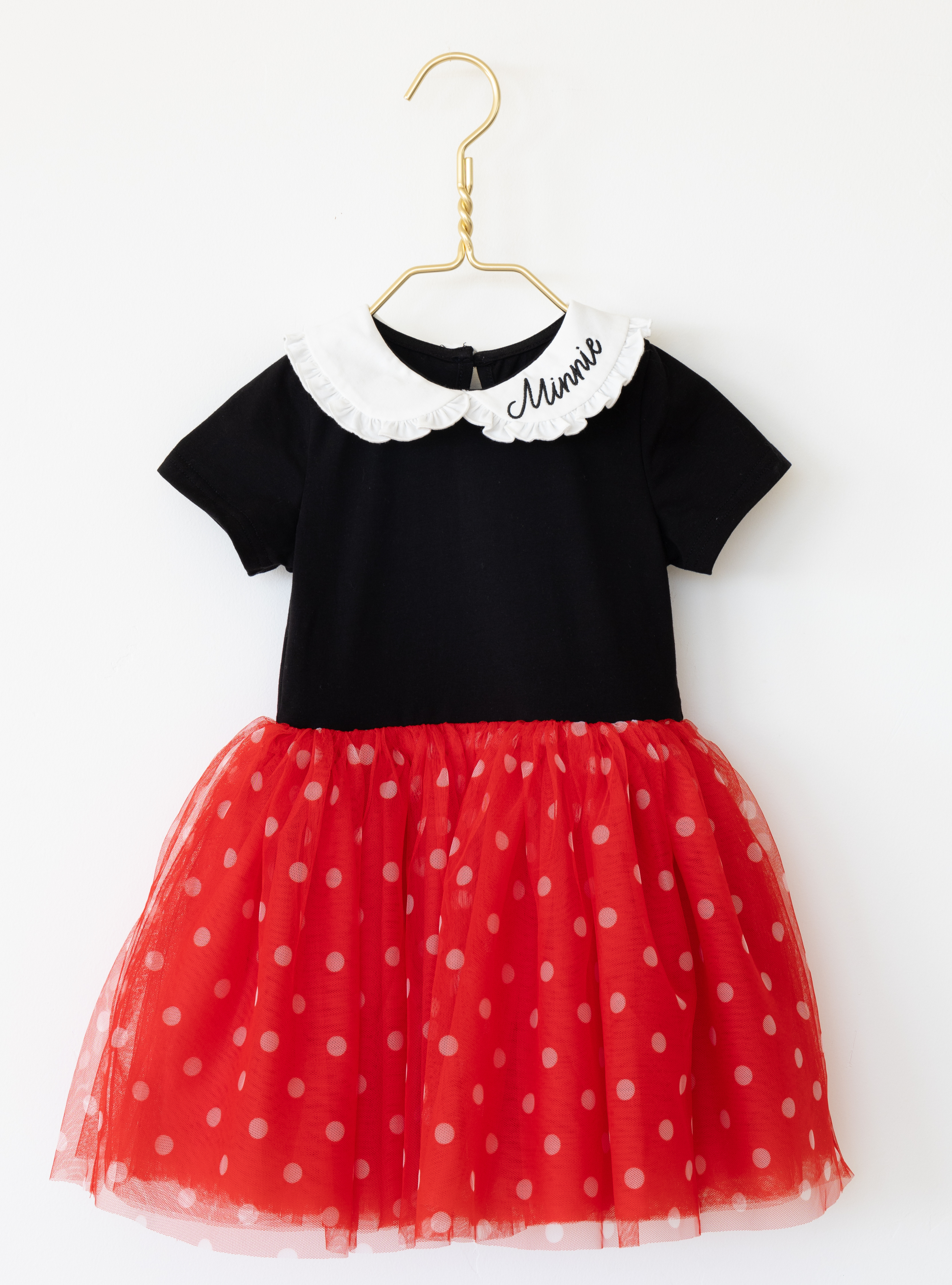 Disney and Taylor Joelle brand kids dress with polka dot print skirt, ruffle and embroidered collar, short sleeves, and soft tulle