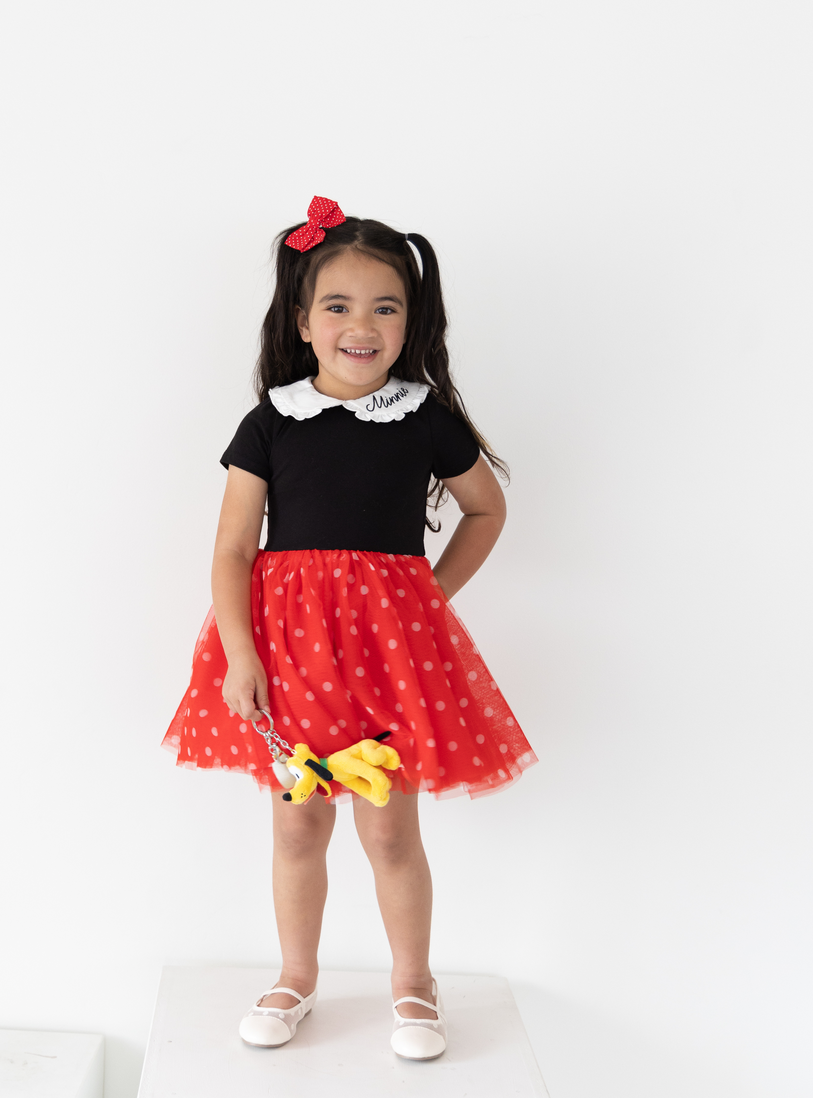 Disney and Taylor Joelle brand kids dress with polka dot print skirt, ruffle and embroidered collar, short sleeves, and soft tulle