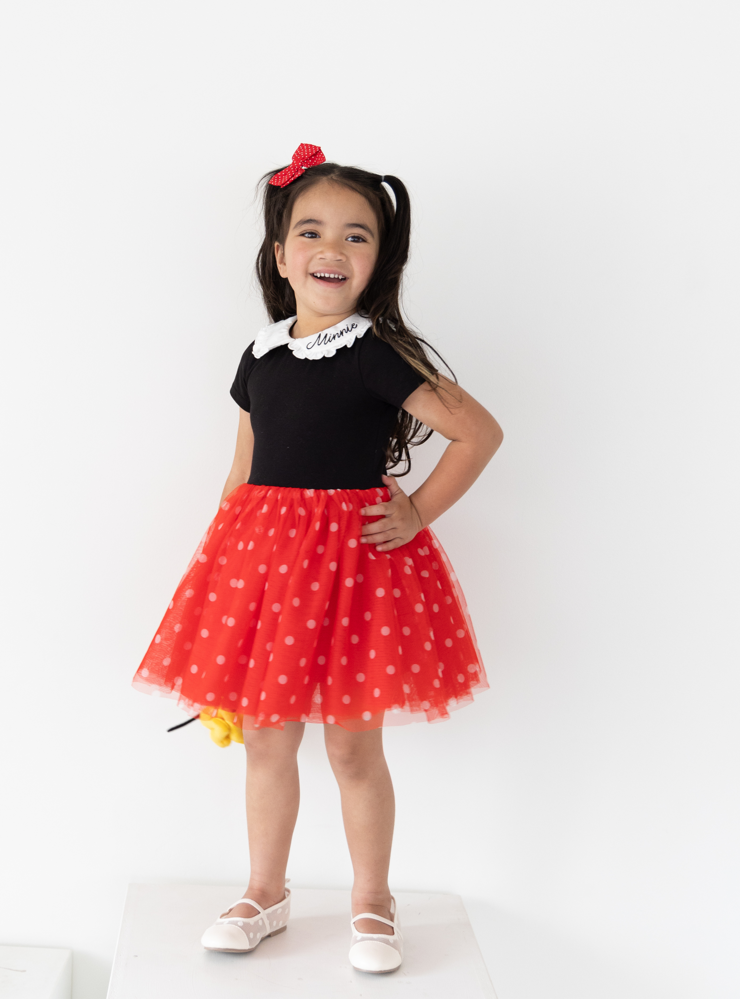 Disney and Taylor Joelle brand kids dress with polka dot print skirt, ruffle and embroidered collar, short sleeves, and soft tulle