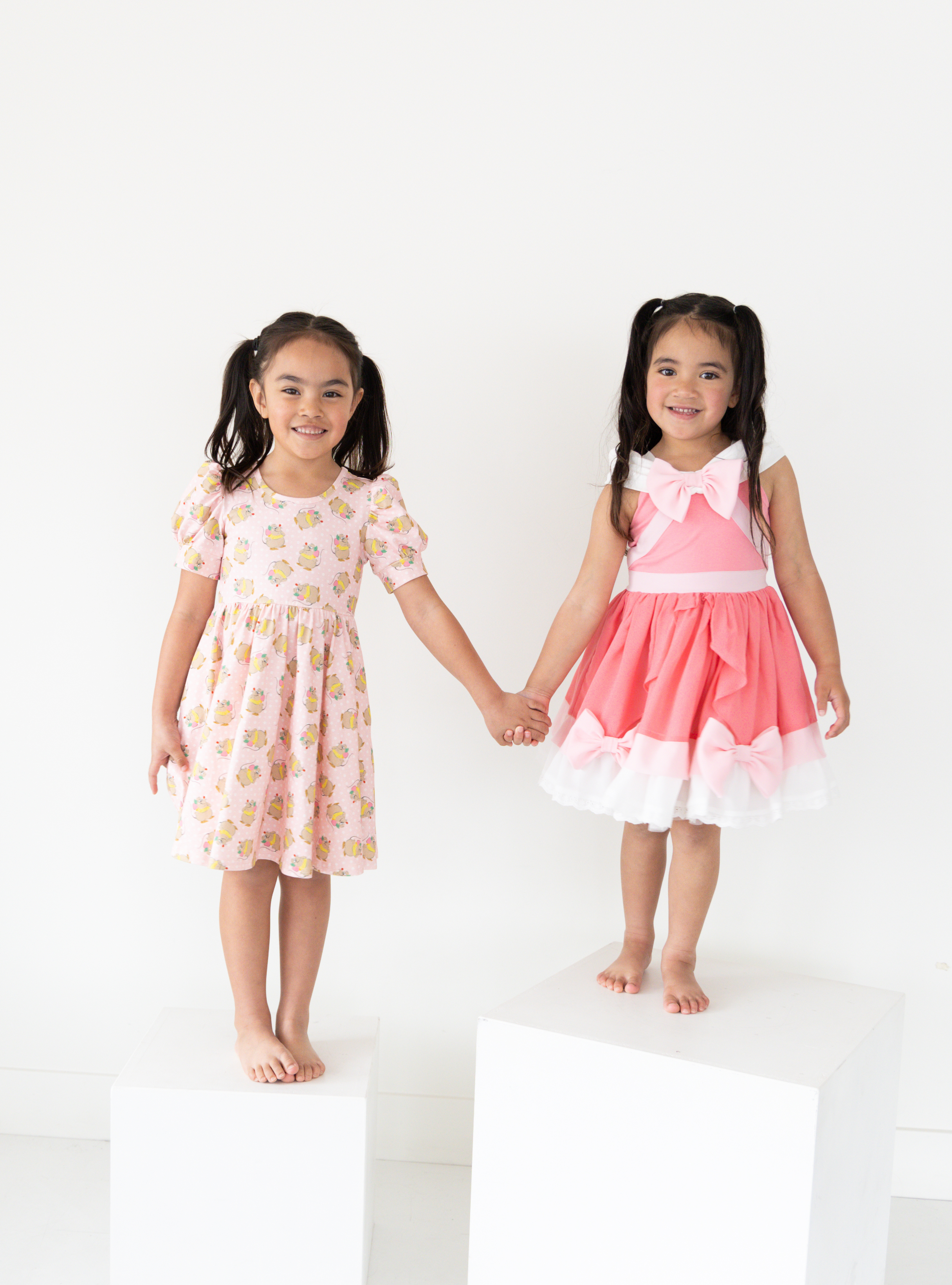 Disney and Taylor Joelle branded Pink Cinderella Dress. This dress is detailed with off the shoulder sleeves, bows, and different pink and white detailing. Shown with our Gus Gus Dress.