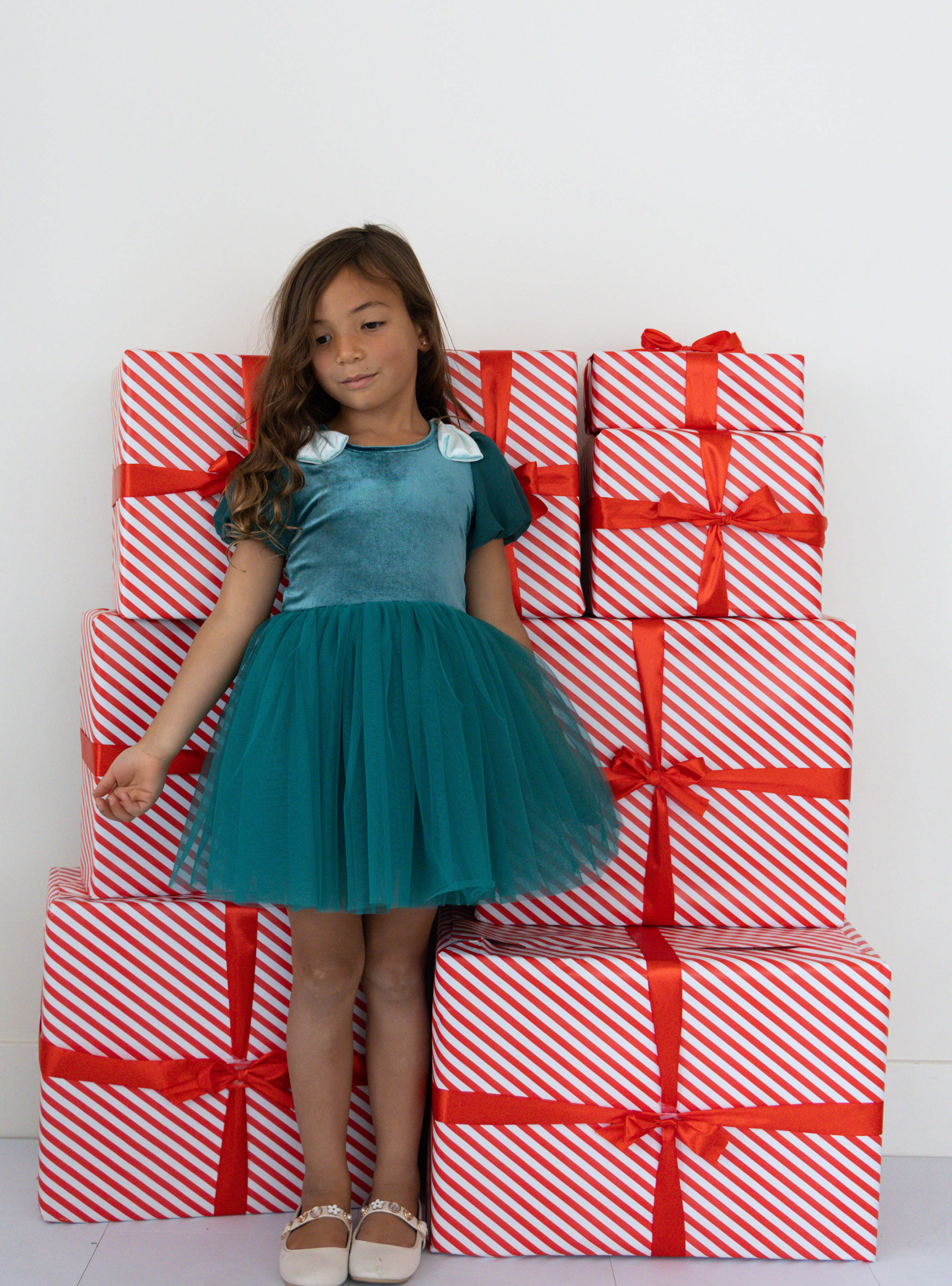 PREORDER - Teal Velvet Bow Dress