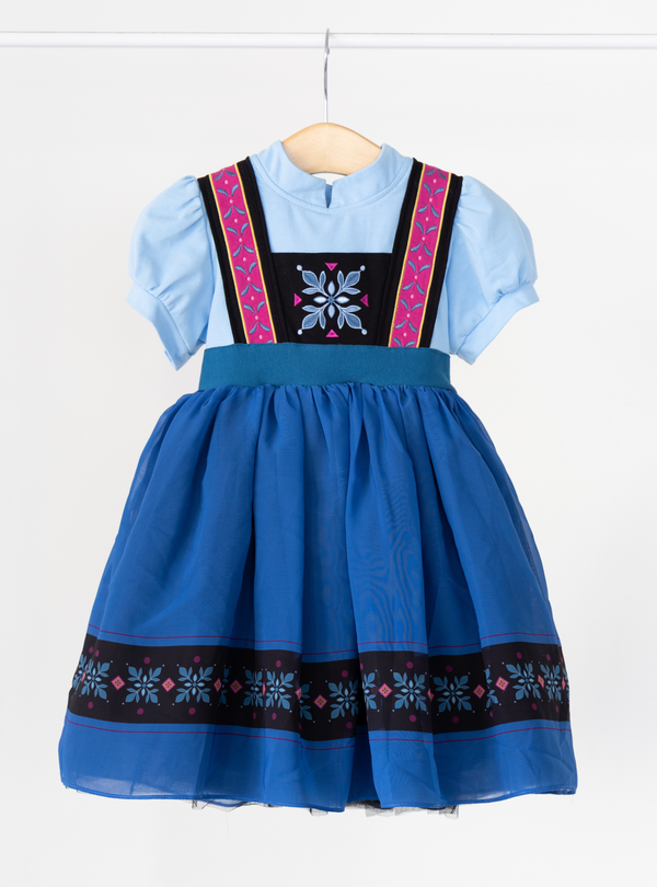 The Blue snowy sister dress is an Elsa inspired dress that is a light and dark blue puff dress with pink suspenders and details. 