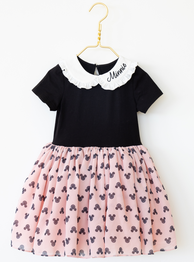 Disney and Taylor Joelle brand mickey mouse print on skirt of kids dress with ruffle and embroidered collar, short sleeves, and chiffon skirt