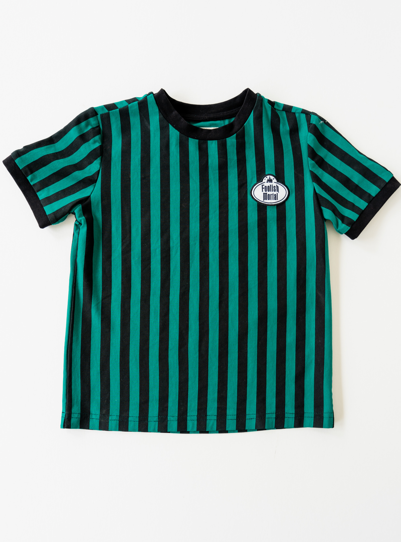 This Tee is perfect to match our other Haunted Dress 2.0 and our Midnight Manor Tee. It features a black and green striped design, as well as a "Foolish Mortal" in the top corner in the front. Made of cotton to ensure comfort!