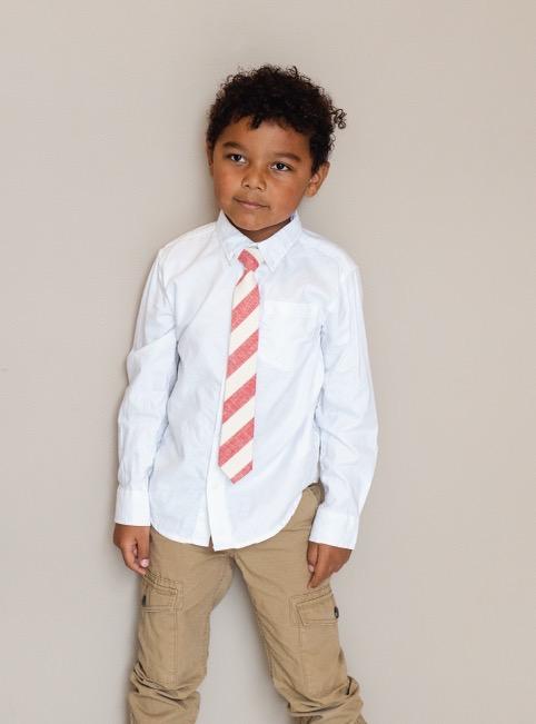 Necktie: Red and white striped necktie with a wide stripe pattern. Color: Red and white. Pattern: Striped. Width: Wide stripe pattern. Occasion: Formal. Style: Classic. Brand: Holly and Bloom. Image: A boy wearing a red and white striped necktie. The boy is wearing a white shirt and khaki pants